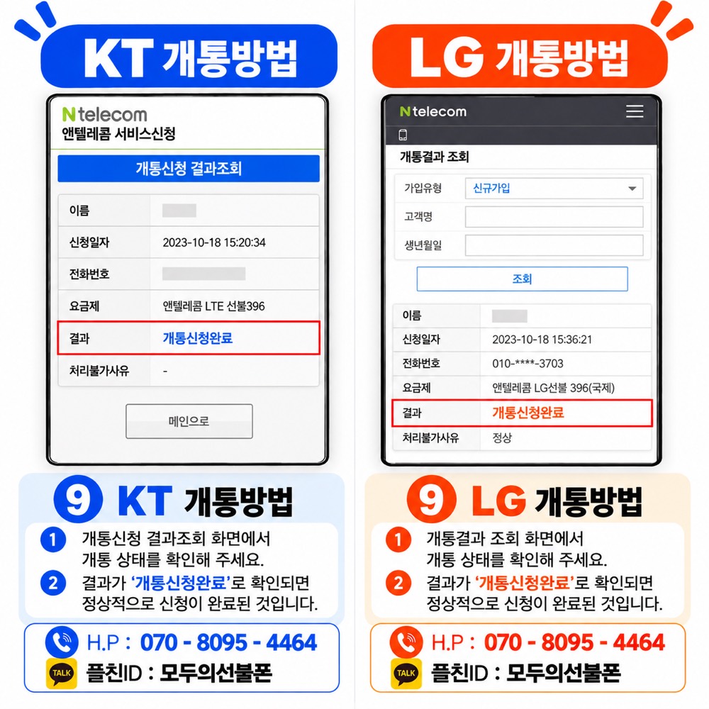 개통신청 결과조회 화면에서 개통신청완료를 확인하는 모습
